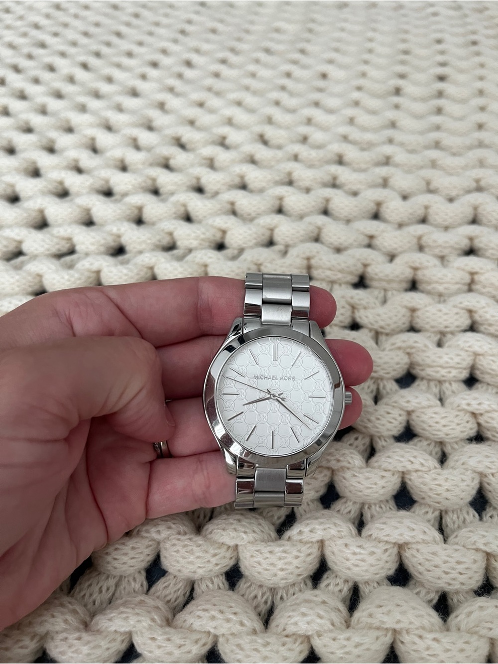 Michael Kors Women’s Silver Watch with White Patterned Dial-NEEDS BATTERY